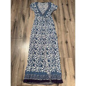 Lulus Blue & White Floral Maxi French Doors Dress Rayon Womens Boho Style Size M
